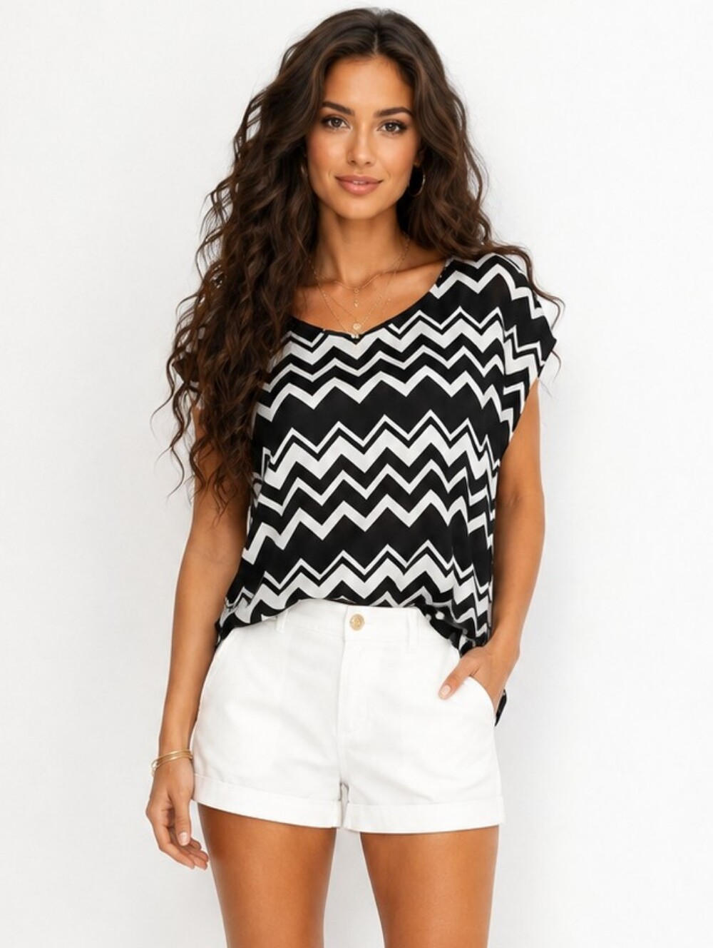 Pink Republic Black White Chevron Chiffon Blouse Top XS Boho Retro